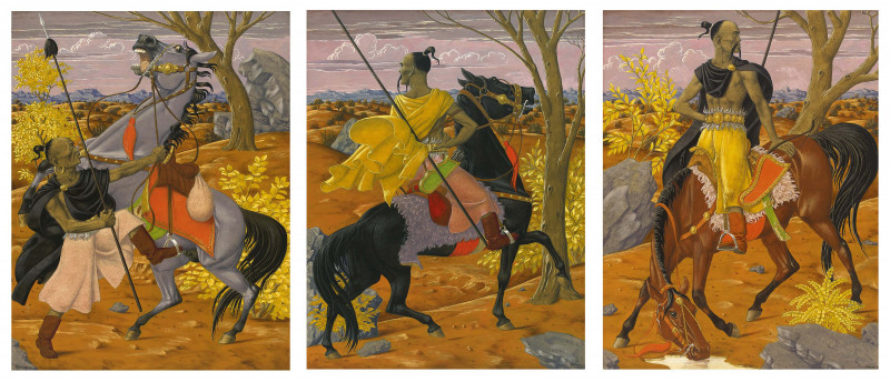 Konvolut von drei Darstellungen mongolischer Reiter