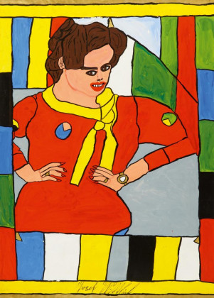 Frau in roter Bluse mit gelber Kragenschleife
