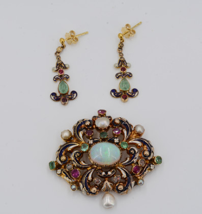 Set: Email-Farbstein-Brosche/Pendant und Ohrhänger