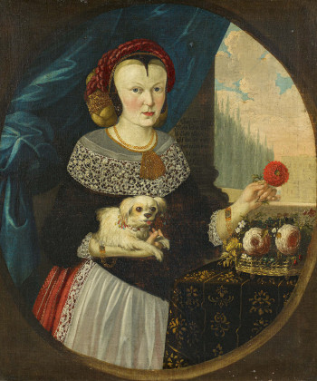 Portrait einer höfischen Dame mit Hündchen vor einem Palasthintergrund