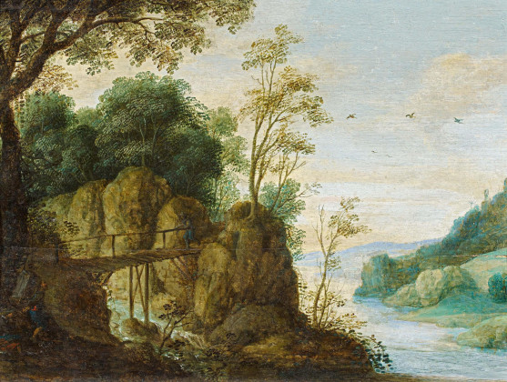 Landscape with Hiker on a Bridge over a Stream