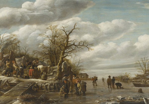 Holländische Dorflandschaft am zugefrorenen Kanal