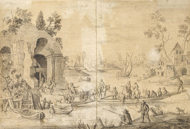 Dutch Village Landscape with Ruins and Ferry