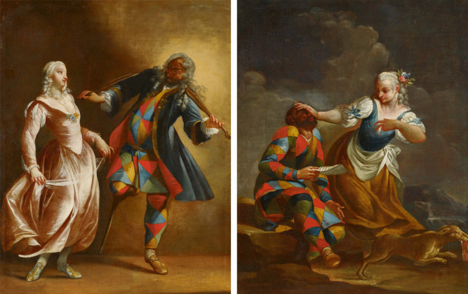 Zwei Gemälde: Harlekin von seiner Geliebten vertrieben; Harlekin als Meister der Musik