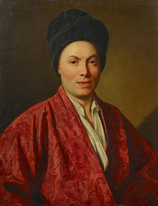 Portrait eines Künstlers in roter Robe und schwarzer Kappe
