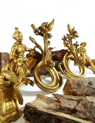 Pair of gilt bronze and iron andirons with sitting Chinese couple style Louis XV