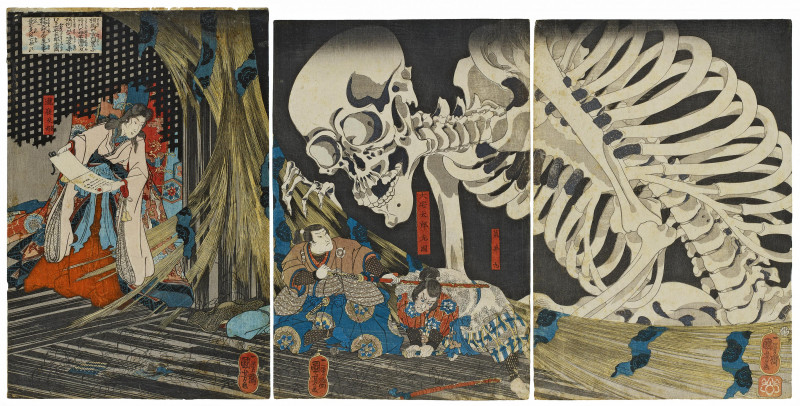 Holzschnitt Triptychon: Das Riesenskelett erscheint vor Mitsukuni