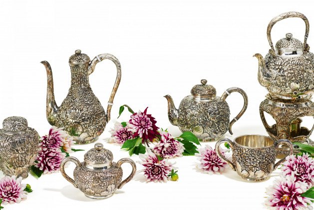 Six-piece silver coffee and tea service with opulent chrysanthemum decor