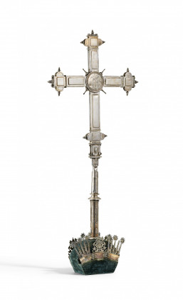 Large processional cross with wooden core and silver covering