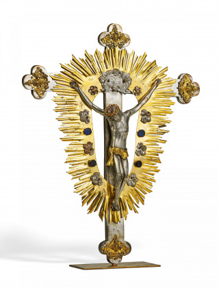 Baroque processional cross made of gilt and silver-plated copper with coloured stones