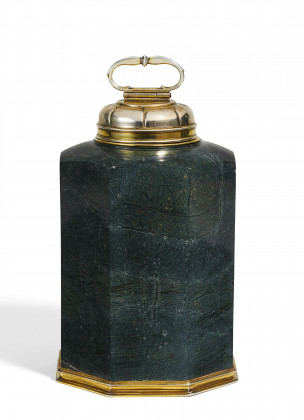 Large silver and serpentine flask with vermeil mounting