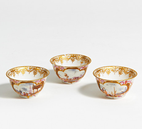 Three porcelain tea bowls with merchant navy scenes