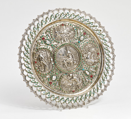 Large decorative dish with depiction of the four rivers made of silver, mother of pearl and coloured stones