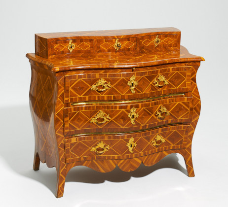 Walnut, fruitwoods &amp; maple Rococo chest of drawers with drawer top and pull-out writing compartment