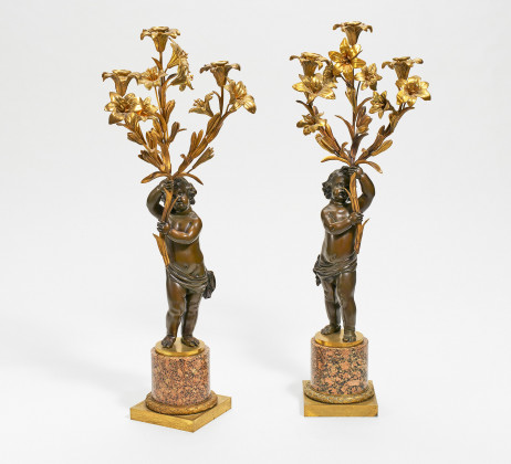 Pair of large gilt bronze candelabra with cupids Style Louis XVI on marble bases