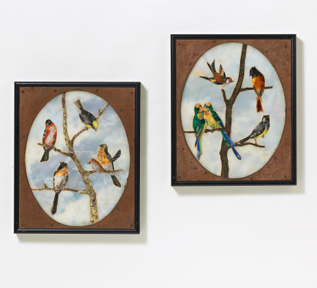 Pair Pietra dura plaques with birds on twigs made of different stones