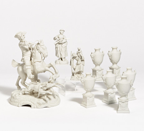 Jagdliche Gruppe, 6 kleine Vasen als Tafeldekoration, Figur Hl. Christopherus