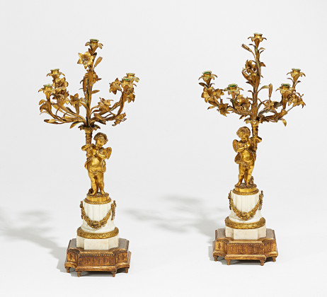 Pair of candelabra style Louis XV with cupids made of marble and bronze