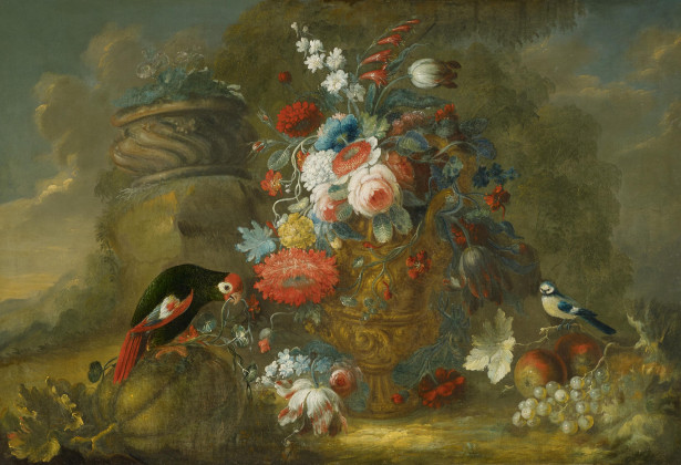 Großes Blumenstillleben mit einem Papagei