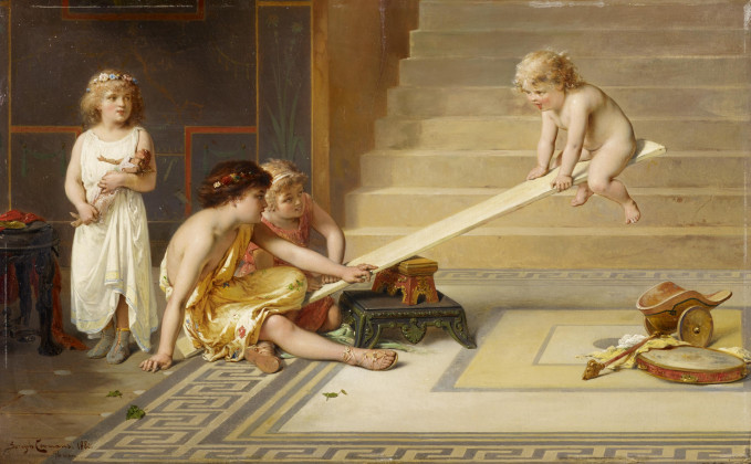 Spielende Kinder im antiken Interieur