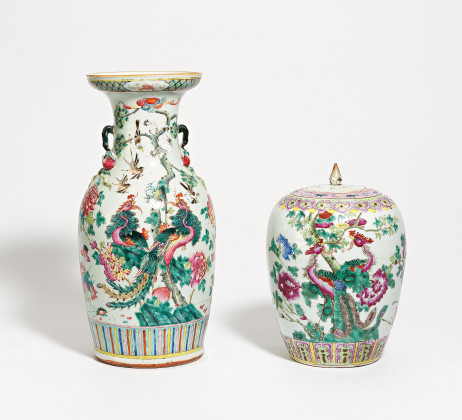 Vase and lidded jar with phoenix pair