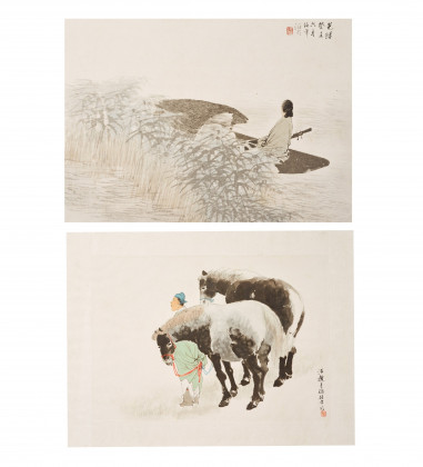 Two woodblock prints: lady in a boat and two horses with a noble