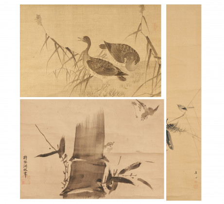Drei Rollbilder mit Vögeln
