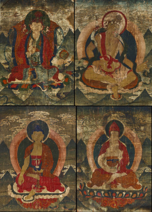 Seltene Serie von vier Thangka mit Emanationen des Padmasambhava (Guru Rinpoche)