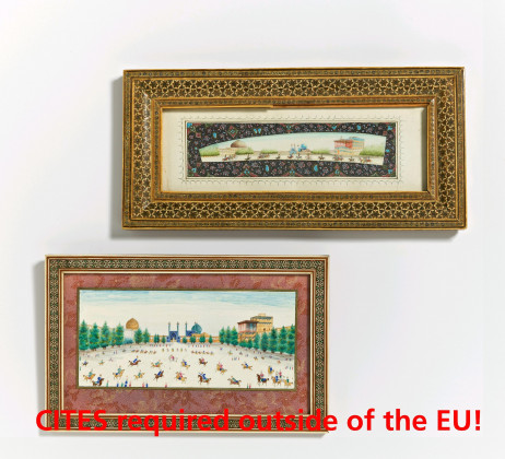 Two miniature paintings with polo and parade in front of the palace