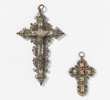 Two silver and mother of pearl crucifixes