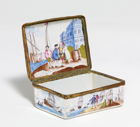 Enamel and copper snuff box with fine merchant navy scenes