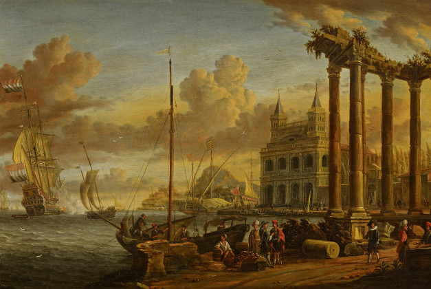 Schiffe bei einer mediterranen Hafenstadt mit der Ansicht der Loggia delle Benedizioni in Rom