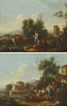 Zwei Gemälde: Italienische Landschaften mit Hirten