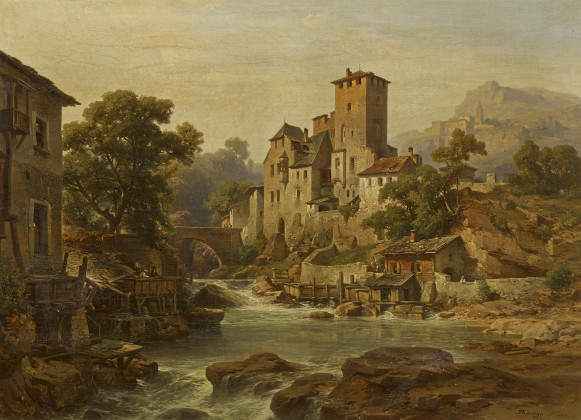 Partie in einem Tiroler Gebirgstal mit Wassermühle und Schloss