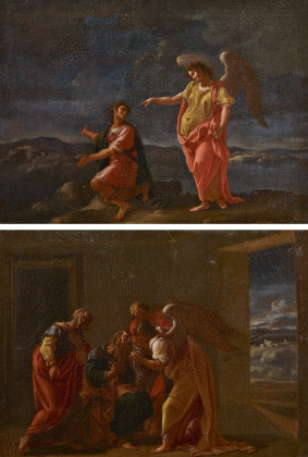 Zwei Gemälde: "Tobias mit dem Erzengel Raffael" und "Tobias und der Engel heilt das Augenleiden von Tobias Vater"