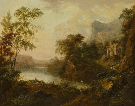 Flusslandschaft mit Reisenden bei einer Ruine