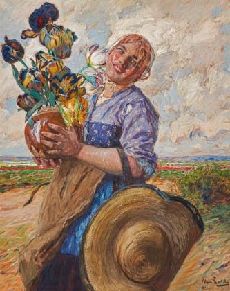 Young Dutch Woman with a Bouquet of Tulips in the Dunes