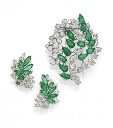 Smaragd-Diamant-Set: Brosche und Ohrclips