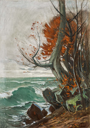 Strandbild mit Buche und rotem Laub im Herbst