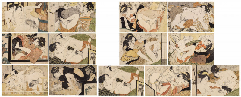 13 Blätter der Shunga-Serie "Fumi no kiyogaki"