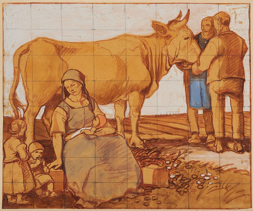 Bauernfamilie mit Kuh auf dem Feld