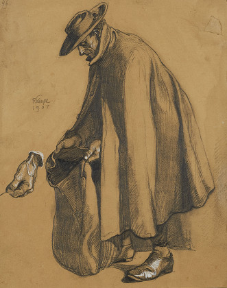Studie eines stehenden Mannes mit Umhang und Sack in den Händen sowie einer Handstudie