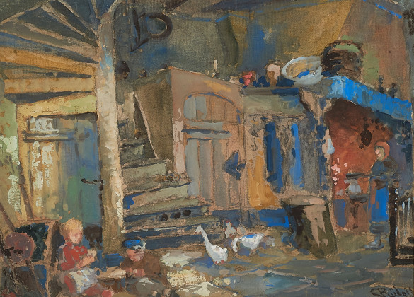 Interieur eines Bauernhauses mit Gänsen und Kindern
