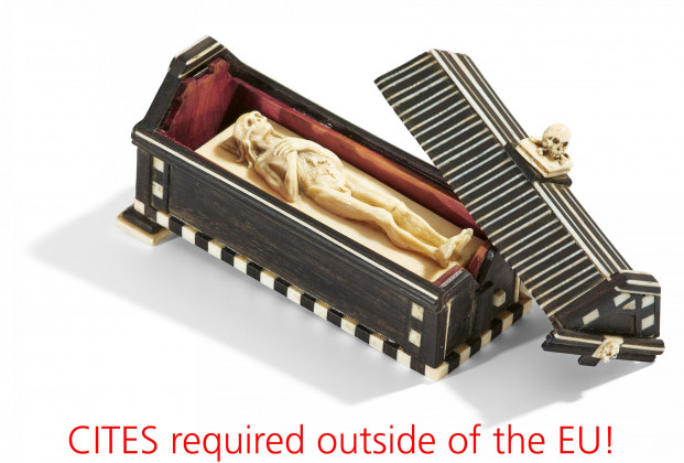 "Little dead" in coffin with secret mechanism made of ivory, wood and metal