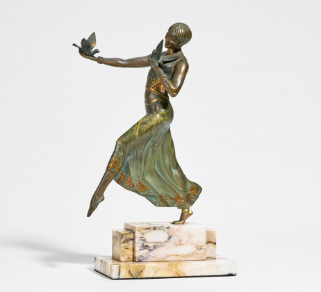 Bronze figurine of dancing woman with two doves