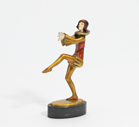 Broze figurine of harlequin standing on one leg