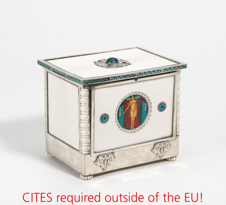 Small silver, ivory and enamel casket with nude of a woman