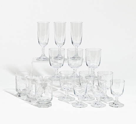 Set of champagne, wine and water glasses