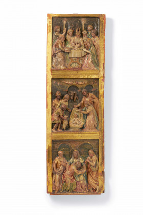 Tafel mit drei Szenen aus der Kindheit Christi aus einem Altarretabel