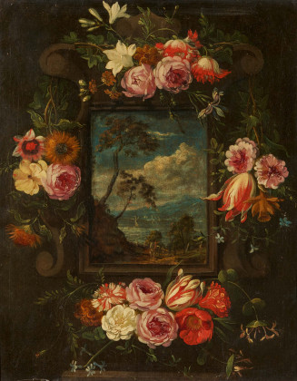 Cartouche with a View of a Coastal Landscape Framed by Floral Arrangements